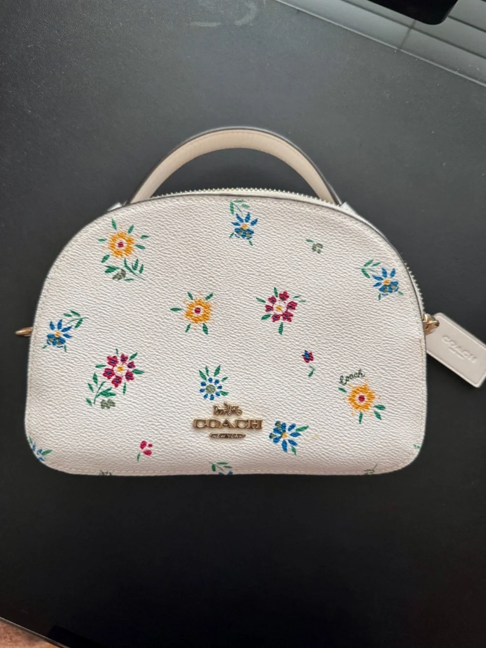 Coach White Leather Floral Top Handle (detachable long strap) Purse